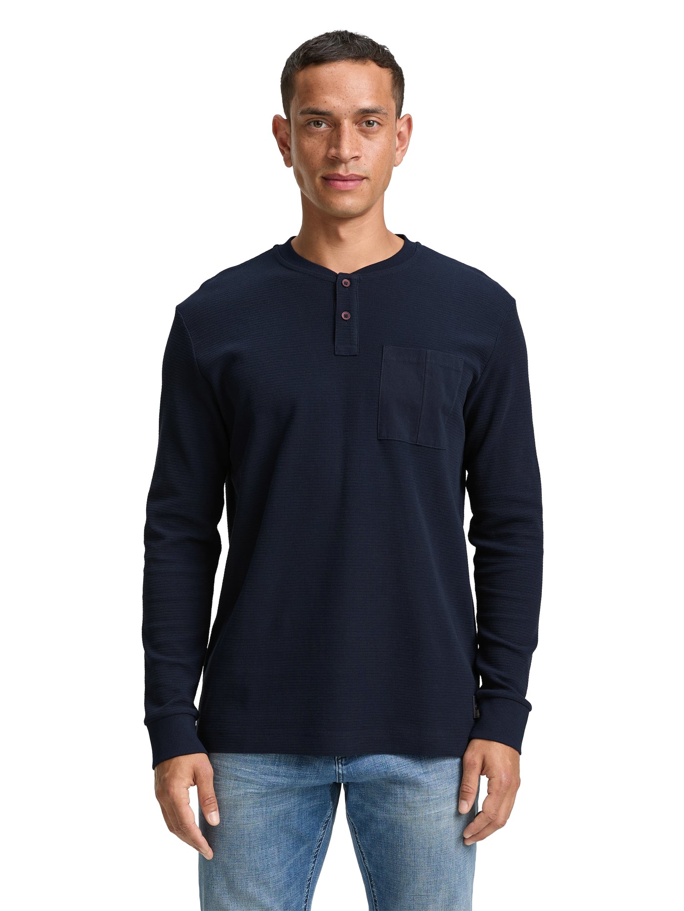 Ripp Henley Langarmshirt mit Brusttasche